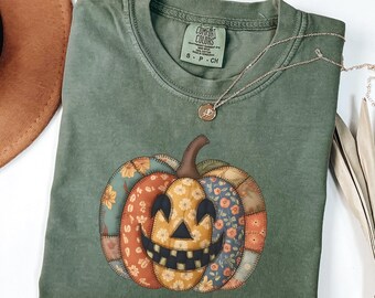 Sweat-shirt citrouille rétro en patchwork : tenue effrayante d'Halloween