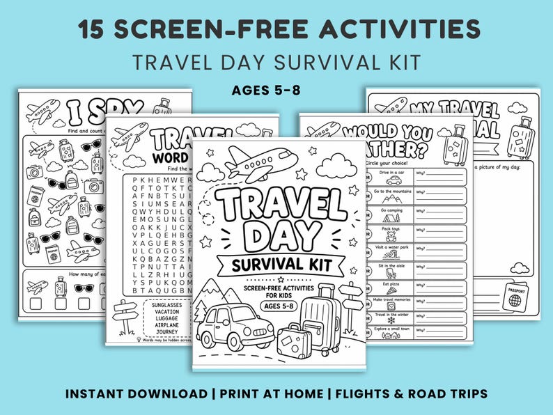 May include: A black and white Travel Day Survival Kit for kids ages 5-8, featuring various screen-free activities. The kit includes activity sheets with travel-themed illustrations, such as airplanes, luggage, and cars. Text on the kit reads "15 Screen-Free Activities".