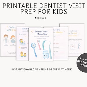 Può includere: Preparazione stampabile per la visita dal dentista per bambini, dai 3 ai 6 anni. L'immagine mostra una serie di schede illustrate con titoli come "Chi vedrò" e "Strumenti odontoiatrici che potrei vedere". Le schede presentano illustrazioni di strumenti odontoiatrici e personaggi.