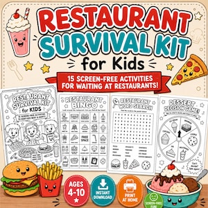 May include: A Restaurant Survival Kit for Kids activity set featuring 15 screen-free activities. Includes a cover page, Restaurant Bingo, a word search, and a dessert decision game. Decorated with cartoon illustrations of a milkshake, pizza, burger, fries, and ice cream.