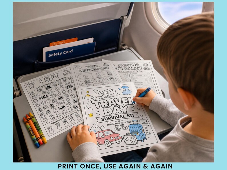 May include: A child coloring a "Travel Day Survival Kit" activity sheet on an airplane tray table. The kit includes coloring pages, an I Spy game, and a packing checklist. Crayons are visible. Text on the sheet reads "Print once, use again & again."