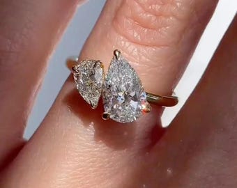 Toi Et Moi Lab Grown Diamond Ring, Pear Cut Lab Diamond Engagement Ring, Two Stone Proposal Ring, 14K Solid Gold Ring, You & Me Wedding Ring