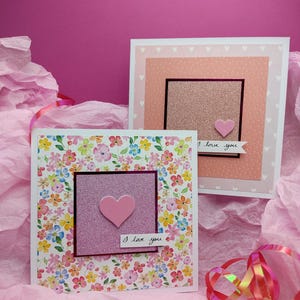 Set of 2 "I love you" cards - 13x13 cm format - Handmade cards with embossed heart - Romantic and pastel - Envelopes included