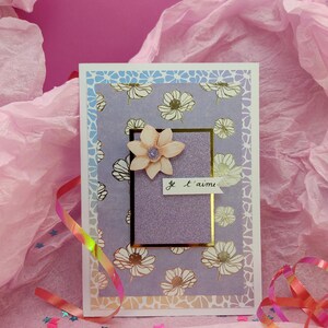 Carte faite main - Format A6– Design chic parme violet et or en relief – Carte florale avec enveloppe – I love you