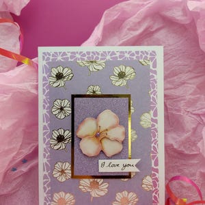 Handmade "I love you" card - A6 size - Chic pastel purple and gold embossed design - Floral card with envelope