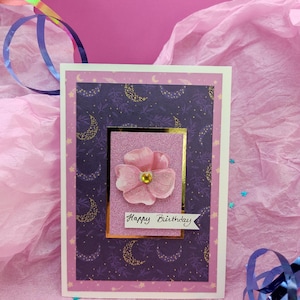 Carte faite main – Format A6 - Design céleste rose et doré – Carte chic en relief avec fleur et enveloppe incluse