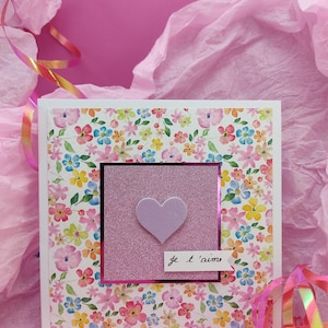 Carte "je t'aime" – Format 13x13 cm – Carte faite main avec cœur en relief – Romantique et pastel – Enveloppes incluses