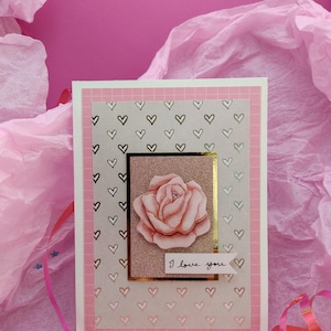 Handmade "I love you" card - A6 size - Chic beige pink and gold embossed design - Floral card with envelope