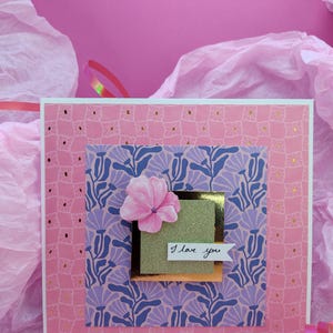 Carte "I love you " faite main 15x15 cm – Design chic violet rose et or en relief – Carte florale avec enveloppe