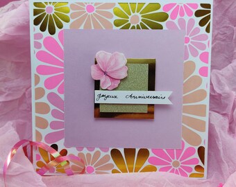 Carte d'anniversaire fleur pastel 15x15 cm – Carte faite main avec reliefs dorés – Joyeux Anniversaire– Papeterie créative avec enveloppe