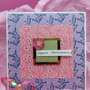 Carte d’anniversaire faite main 15x15 cm – Design chic violet rose et or en relief – Carte florale avec enveloppe – Joyeux Anniversaire