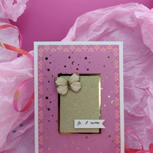 Handmade "I love you" card - A6 size - Chic pink and gold butterfly design in relief - celestial printed background - Card with envelope