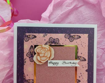 Carte "Happy Birthday" – Format 13x13 cm– Anniversaire – Carte faite main avec ornements en relief – bleu nuit et rose doux