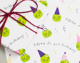 Papel de regalo de cumpleaños con guisantes adorables y diseño ilustrado de verduras.