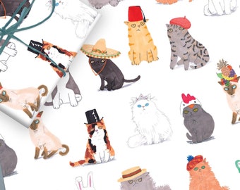 Katten in hoeden cadeauverpakking set van twee vellen katteninpakpapier