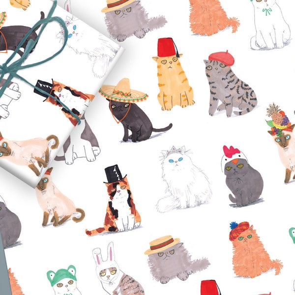 Cats In Hats Gift Wrap Set Of Two Sheets Cat Wrapping Paper