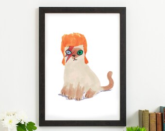 David Bowie eerbetoon illustratie giclee print kat met pruik illustratie Ziggy Stardust