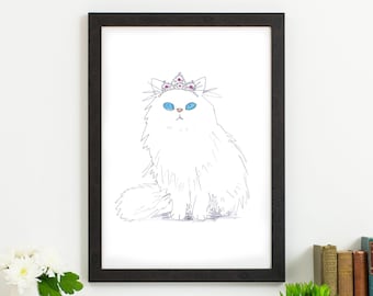 White Fuffy Cat In Tiara Crown Hat Art Print