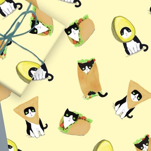 Juego de dos hojas para envolver regalos de gato, aguacate, nachos, tacos y burritos