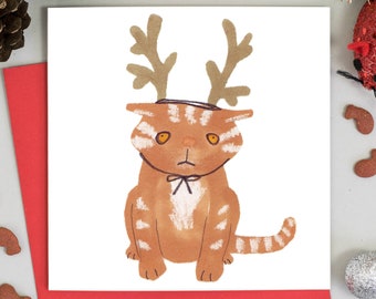 Cat in Reindeer Hat Christmas Card