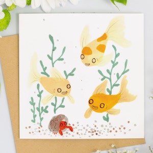Cartão de felicitações em branco para amigos peixinhos dourados e caranguejos eremitas, aniversários, animais de estimação