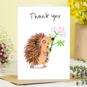 Carte de remerciement hérisson, carte de voeux animal mignon, fleur rose