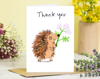Hedgehog Thank You Card, Cute Animal Greetings Card, Pink Flower