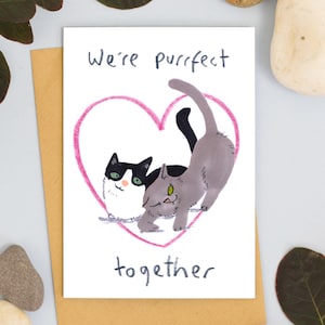Katzen Valentinskarte We're Purrfect Together, Haustierkarte, schwarze und weiße Katze, graue Katzenkarte, Jahrestagskarte, Verlobungskarte