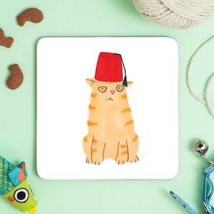 Ginger Cat Coaster: Rolig illustration för fezhatt, present till kattälskare