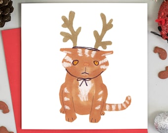 Cats In Christmas Hats Card Ginger Cat With Reindeer Hat Card