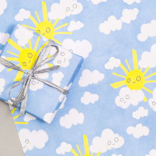 Happy Sunshine Gift Wrap Set Of Two Sheets Sun Clouds Wrapping paper Blue Yellow