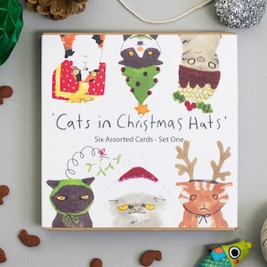 Biglietti di Natale divertenti con gatti, gatti con cappelli natalizi, assortimento di biglietti di auguri, 6 simpatici disegni di gatti, biglietti illustrati per le feste