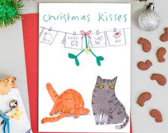 Funny Cat Christmas Card Christmas Kisses Ginger cat and Tabby Cat Cute
