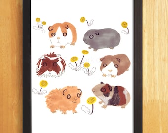 Meerschweinchen Print, Meerschweinchen Illustration, Meerschweinchen Kunst, Löwenzahn Blumen, niedliche Tier Art Print, Kinderdruck