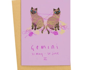 Gemini Cat Birthday Card: Zodiac Astrology Art