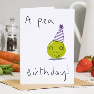Cartão de feliz aniversário 'Um aniversário de ervilha' Jardineiro vegetal verde Vegan Vegetariano fofo em branco