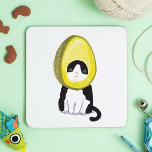 Funny Cat Coaster: Black & White Kitty in Avocado Hat
