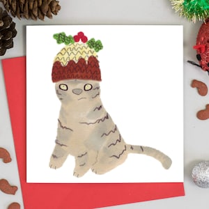 Gato em Pudim de Figgy Chapéu de Natal Cartão de Natal gato malhado fofo
