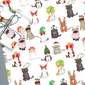 Katzen in den Weihnachtsmützen Geschenkpapier Set von 2 Bögen Urlaub Geschenkpapier, lustige Katzen in den Hüten Urlaub Papier, niedliche Kätzchen in den Feiertagen hüten