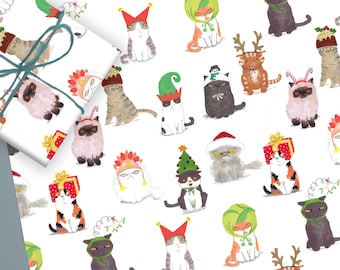 Cats In Christmas hats wrapping Paper Set Of 2 sheets Holiday gift wrap