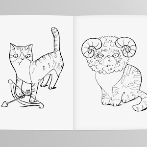 May include: A black and white illustration of two cats. The first cat is holding a bow and arrow and has a heart-shaped arrow on the ground. The second cat has ram horns and is sitting down.