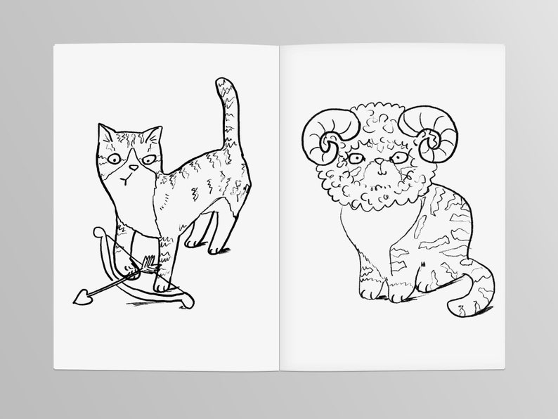 May include: A black and white illustration of two cats. The first cat is holding a bow and arrow and has a heart-shaped arrow on the ground. The second cat has ram horns and is sitting down.