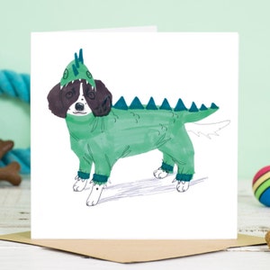 Dog Card Springer Spaniel dog in dragon costume greetings card image 1