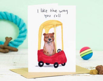 I Like The Way You Roll, Cute Funny Dog Valentines Card, Dog Driving Car Greetings Card, Retro Toy Car Yellow And Red, Kids Toy Car