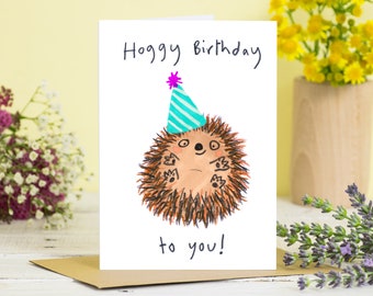 Happy Birthday Hedghog Card, Hoggy Birthday To You, Hedgie Greetings Card, Hogs, Garden Wildlife Card, Cute Illustration, Hedgehog In A Hat