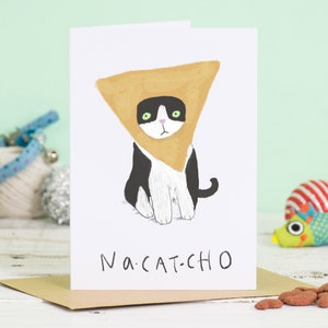 Jolie carte de chat noir et blanc, drôle de chat Natcho, chapeau tortilla nacatcho, chat de cuisine mexicaine, drôle de carte de chat, pour vous faire sourire
