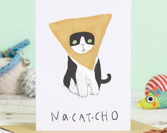 Cute Black And White Cat Card, Funny Cat Natcho Tortilla Hat Nacatcho, Mexican Food Cat, Funny Cat Card, To Make You Smile