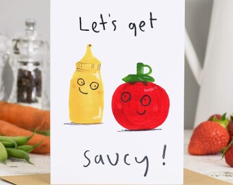 Let's Get Saucy Valentines Card, Red Sauce, Tomato Ketchup, Mustard Relish, Naughty, Cute Funny, Love Token, Red and Yellow Greetings Card