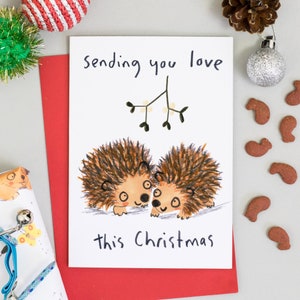 Cartão de Natal do ouriço com dois ouriços sob o visco, cartão de felicitações para amantes de animais, cartão de Natal para marido e esposa