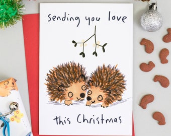 Hedgehog Christmas Card Featuring Two Hedgehogs under Mistletoe, greetings card for animal lovers, Christmas Card husband & Wife